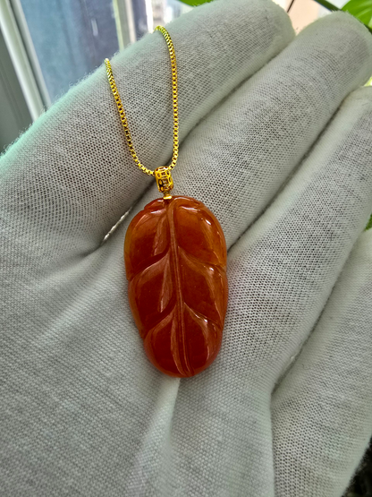 Aka Fuji Leaf (MADE IN JAPAN) Burmese Red A-Jadeite Charm Pendant (with 18K Yellow Gold) - Certified