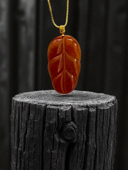 Aka Fuji Leaf (MADE IN JAPAN) Burmese Red A-Jadeite Charm Pendant (with 18K Yellow Gold) - Certified