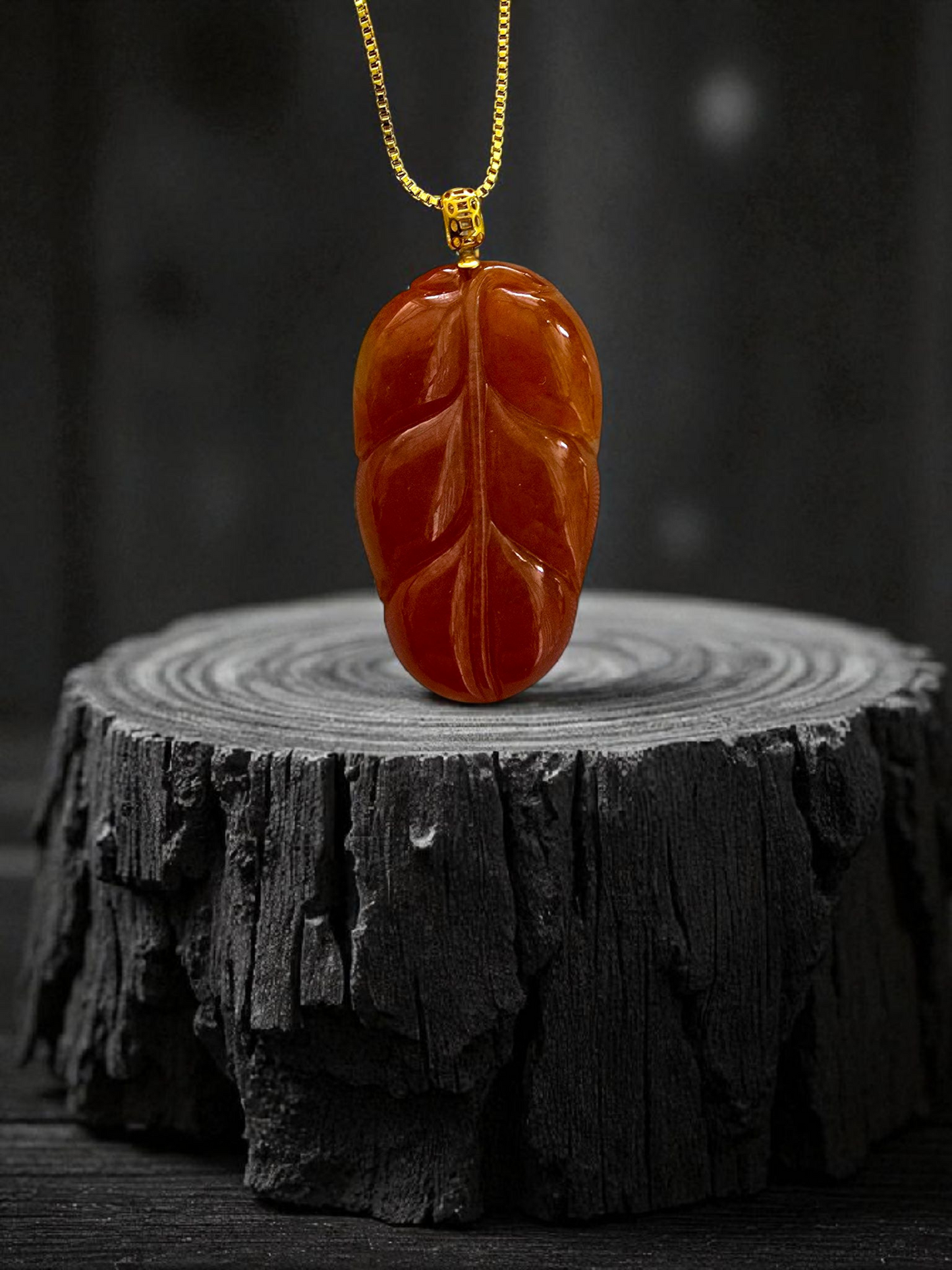Aka Fuji Leaf (MADE IN JAPAN) Burmese Red A-Jadeite Charm Pendant (with 18K Yellow Gold) - Certified