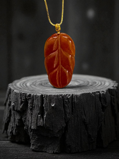 Aka Fuji Leaf (MADE IN JAPAN) Burmese Red A-Jadeite Charm Pendant (with 18K Yellow Gold) - Certified