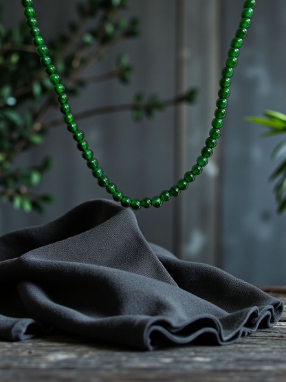 Imperial Green Burmese A-Jade Beaded Long Necklace - 24.50 inches (2.80 mm Beads) with Sterling Silver 925 - Certified - 10010