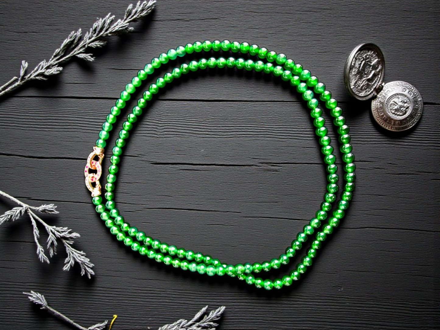 Imperial Green Burmese A-Jade Beaded Long Necklace - 25.60 inches (4.50 mm Beads) with Sterling Silver 925 - Certified - 10011