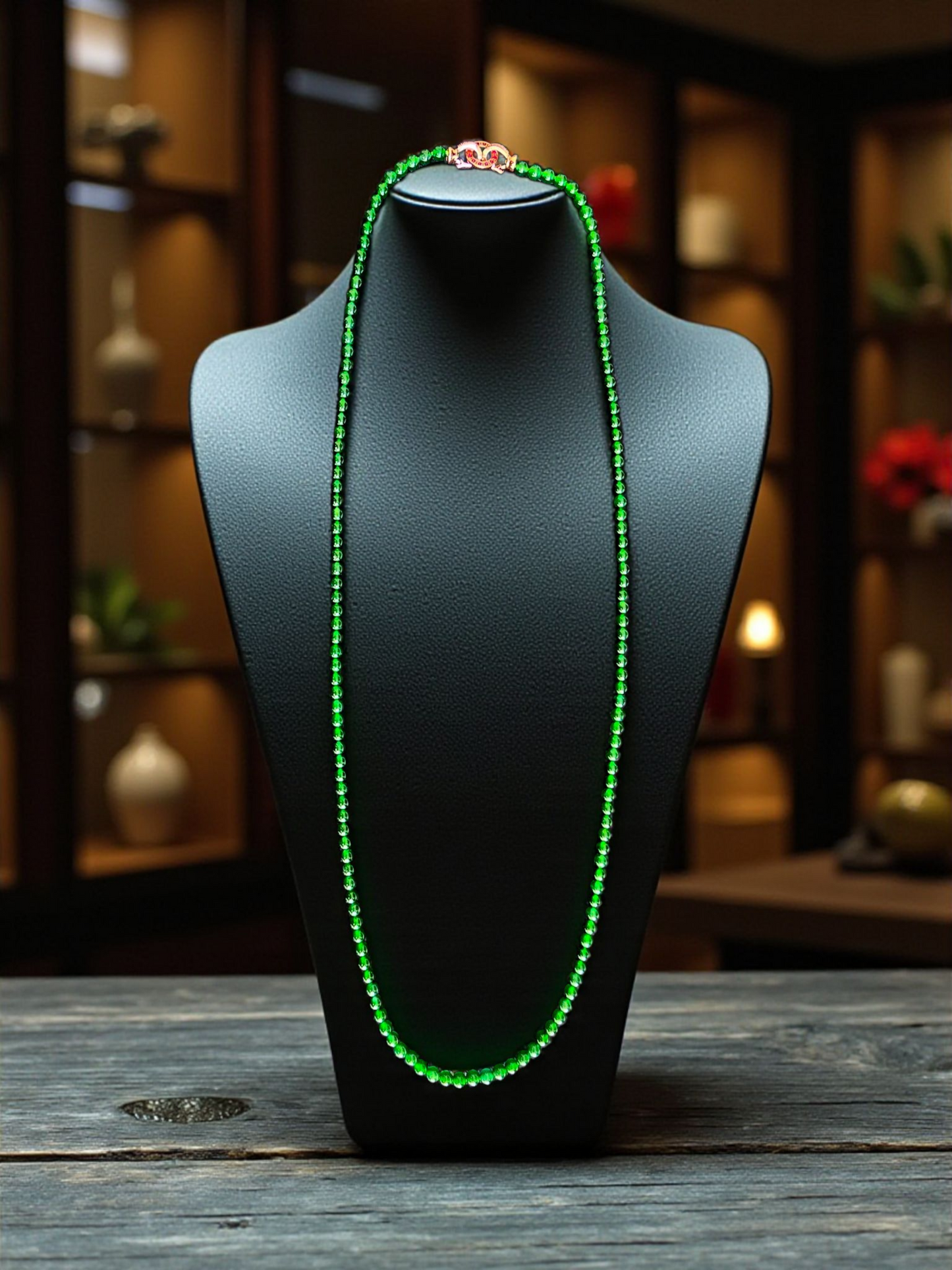 Imperial Green Burmese A-Jade Beaded Long Necklace - 25.60 inches (4.50 mm Beads) with Sterling Silver 925 - Certified - 10011