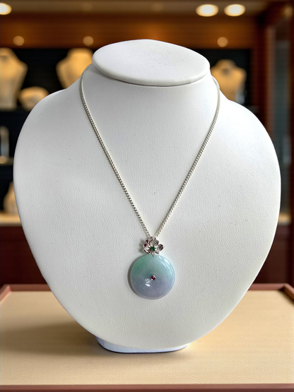 Jito Round Burmese A-Jadeite 24mm Icy Lavender and Green Donut Pendant (with 18K White Gold) - HKJSL Certified