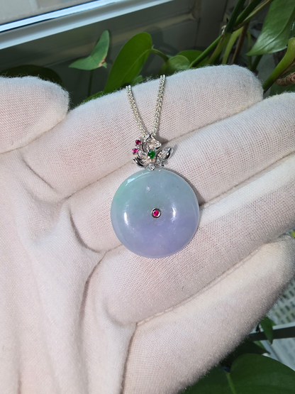Jito Round Burmese A-Jadeite 24mm Icy Lavender and Green Donut Pendant (with 18K White Gold) - HKJSL Certified