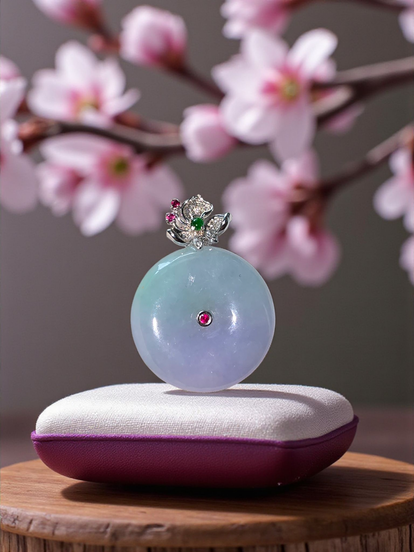 Jito Round Burmese A-Jadeite 24mm Icy Lavender and Green Donut Pendant (with 18K White Gold) - HKJSL Certified