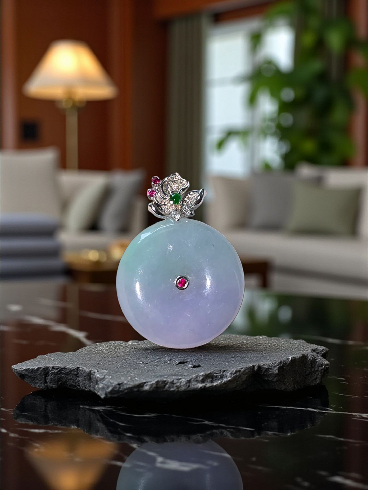 Jito Round Burmese A-Jadeite 24mm Icy Lavender and Green Donut Pendant (with 18K White Gold) - HKJSL Certified