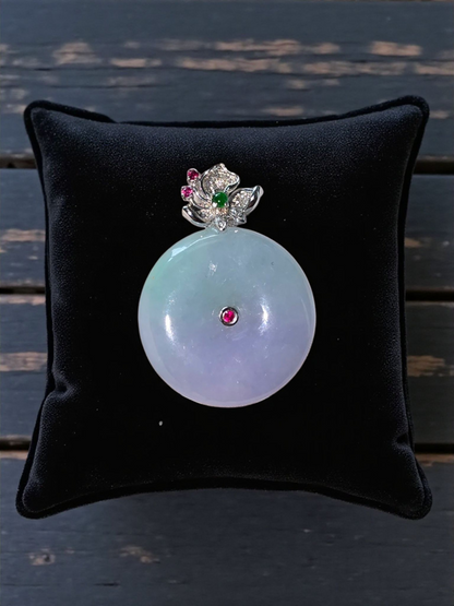 Jito Round Burmese A-Jadeite 24mm Icy Lavender and Green Donut Pendant (with 18K White Gold) - HKJSL Certified