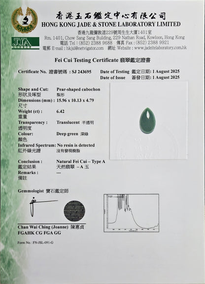 Certified MADE IN JAPAN 6.42 cts. Deep Green Burmese A-Jadeite Pear Shaped Cabochon Loose Stone LS16