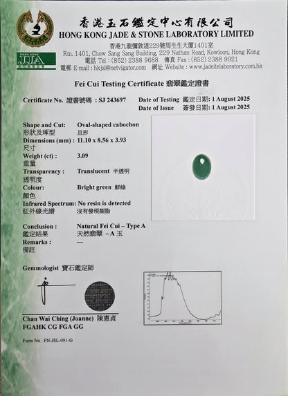 Certified MADE IN JAPAN 3.09 cts. Bright Green Burmese A-Jadeite Oval Cabochon Loose Stone LS18