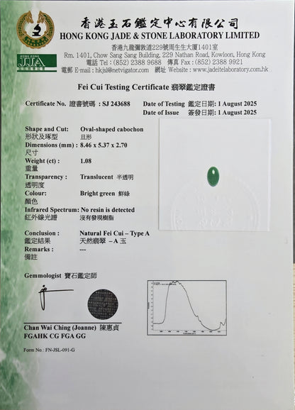 Certified MADE IN JAPAN 1.08 cts. Bright Green Burmese A-Jadeite Oval Cabochon Loose Stone LS19