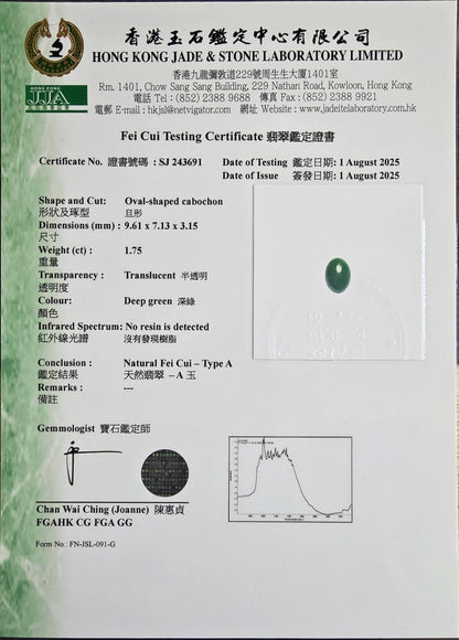 Certified MADE IN JAPAN 1.75 cts. Deep Green Burmese A-Jadeite Oval Cabochon Loose Stone LS20