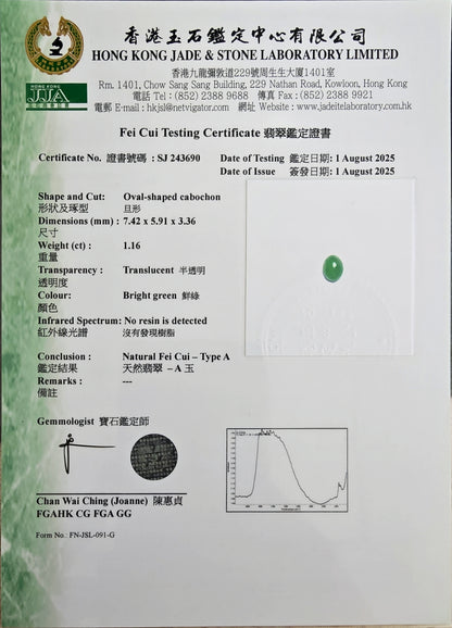 Certified MADE IN JAPAN 1.16 cts. Bright Green Burmese A-Jadeite Oval Cabochon Loose Stone LS21