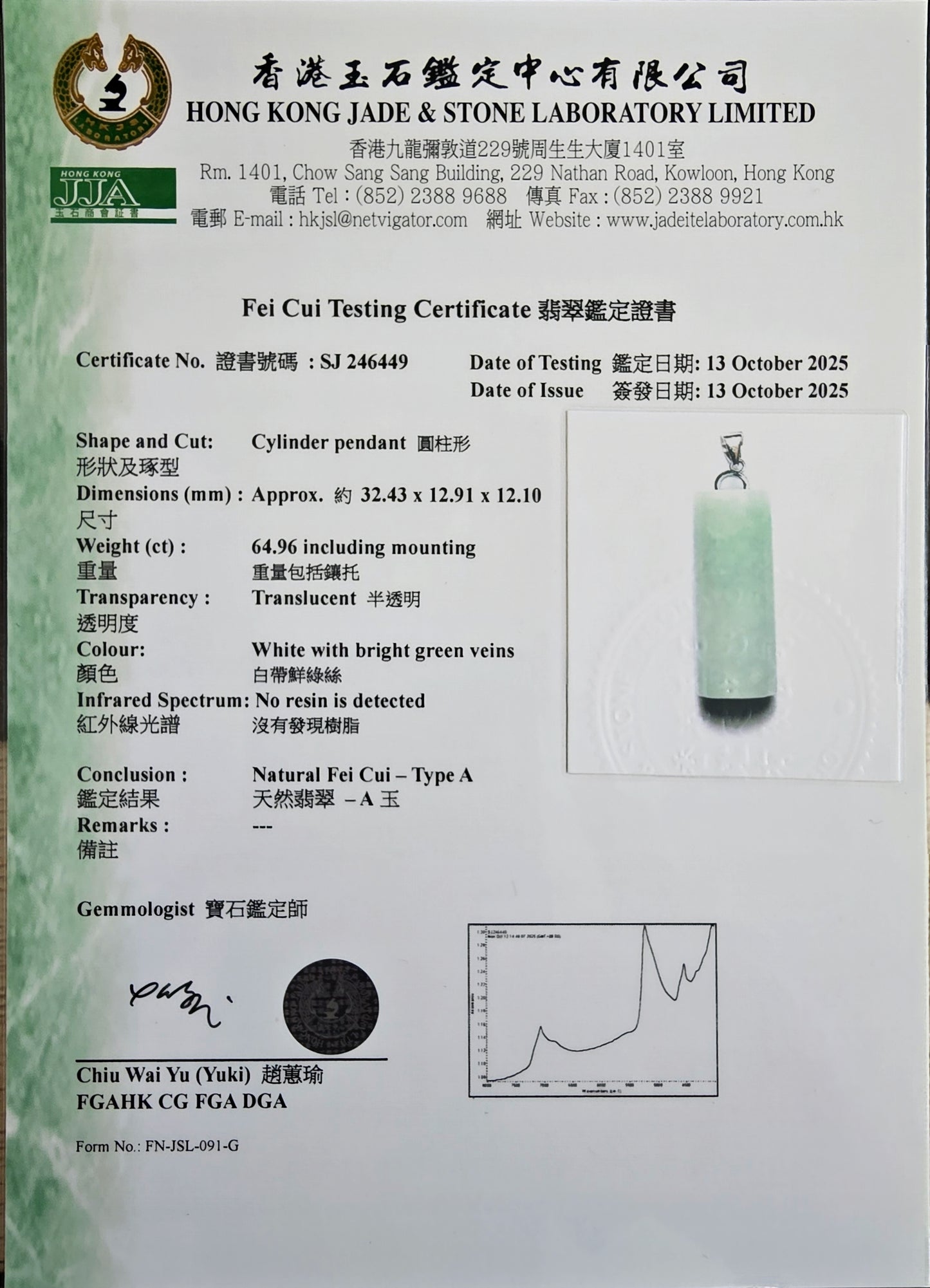 Hokkaido (MADE IN JAPAN) Tube Burmese A-Jadeite Charm Pendant (with 18K Solid White Gold) - Certified - V3