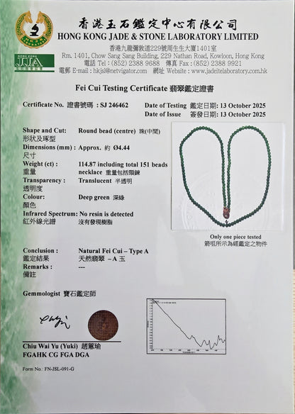 Imperial Green Burmese A-Jade Beaded Long Necklace - 25.60 inches (4.50 mm Beads) with Sterling Silver 925 - Certified - 10011