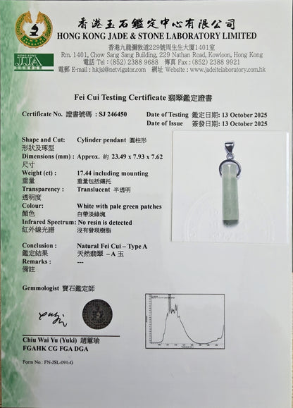 Hokkaido (MADE IN JAPAN) Icy Tube Burmese A-Jadeite Charm Pendant (with Sterling Silver 925) - Certified - V2