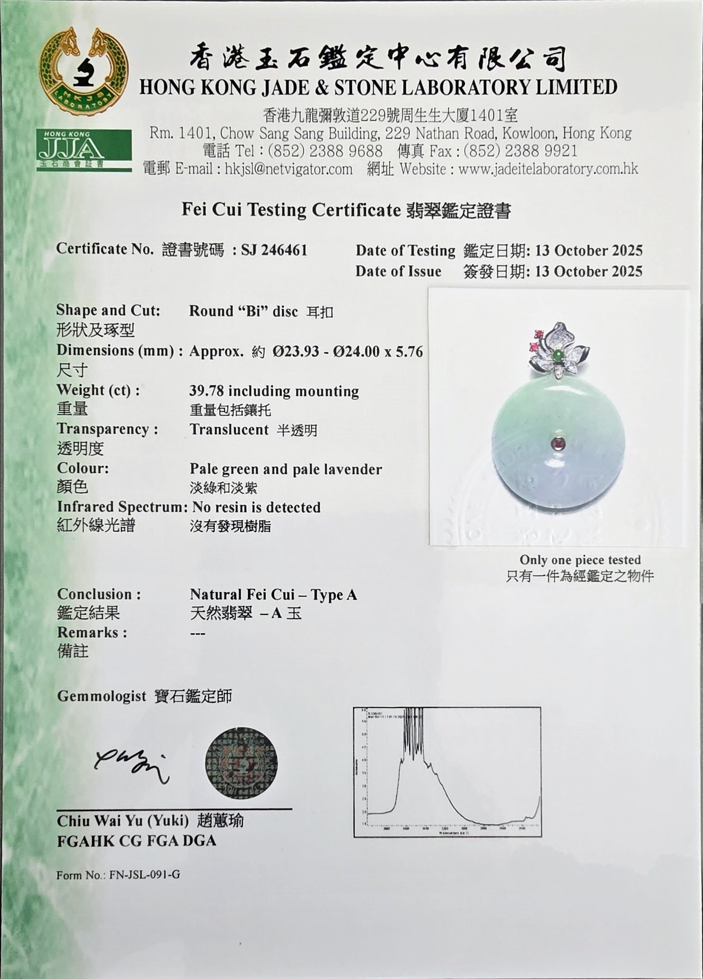 Jito Round Burmese A-Jadeite 24mm Icy Lavender and Green Donut Pendant (with 18K White Gold) - HKJSL Certified