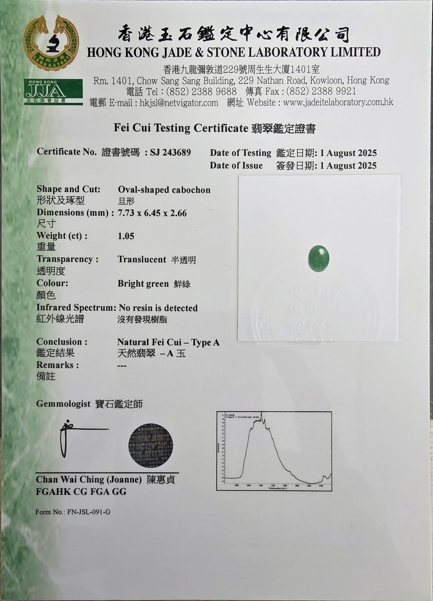 Certified MADE IN JAPAN 1.05 cts. Bright Green Burmese A-Jadeite Oval Cabochon Loose Stone LS22