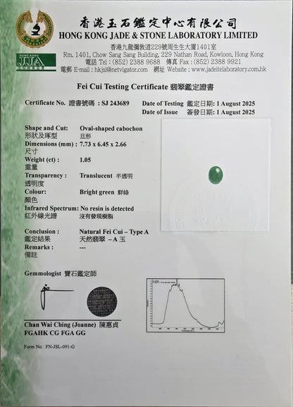 Certified MADE IN JAPAN 1.05 cts. Bright Green Burmese A-Jadeite Oval Cabochon Loose Stone LS22