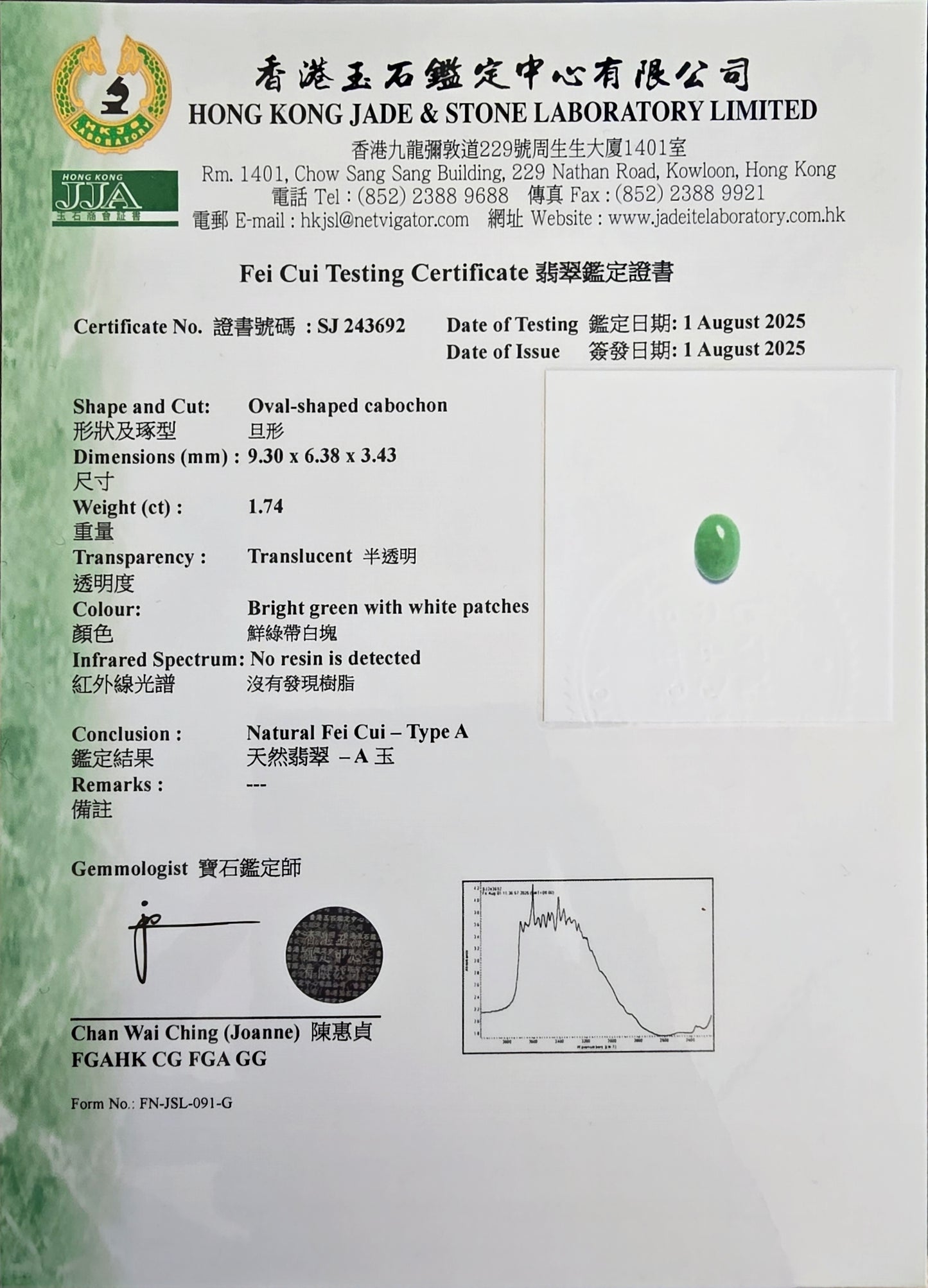 Certified MADE IN JAPAN 1.74 cts. Bright Green Burmese A-Jadeite Oval Cabochon Loose Stone LS23