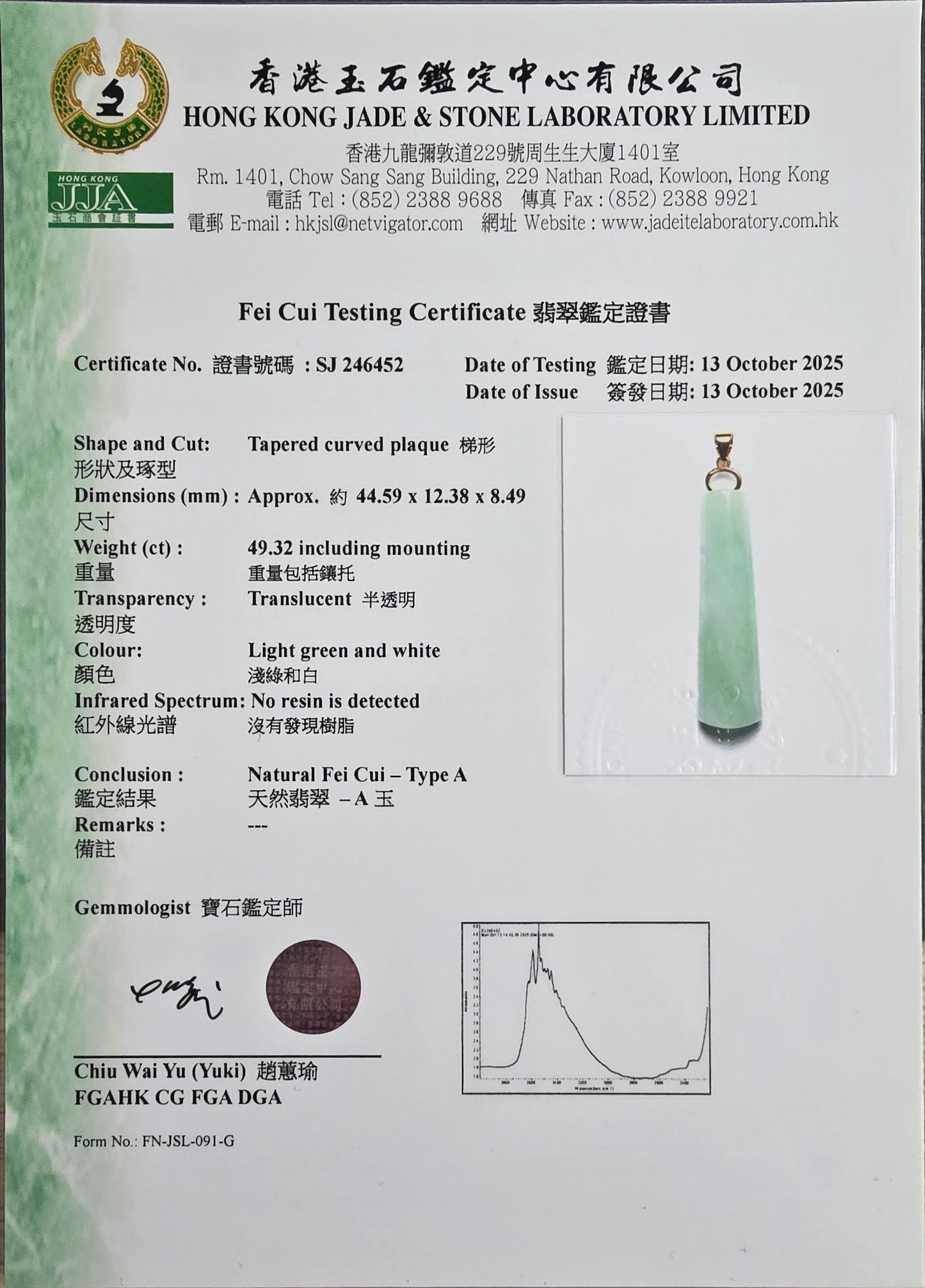 Hokkaido (MADE IN JAPAN) Tube Tapered Burmese A-Jadeite Charm Pendant (with 18K Solid Yellow Gold) - Certified - V4