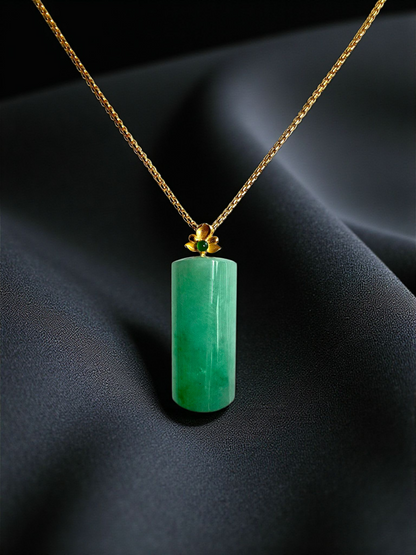 Marugame (MADE IN JAPAN) Crescent Tube Burmese A-Jadeite Charm Pendant (with 18K Solid Yellow Gold) - Certified - V1