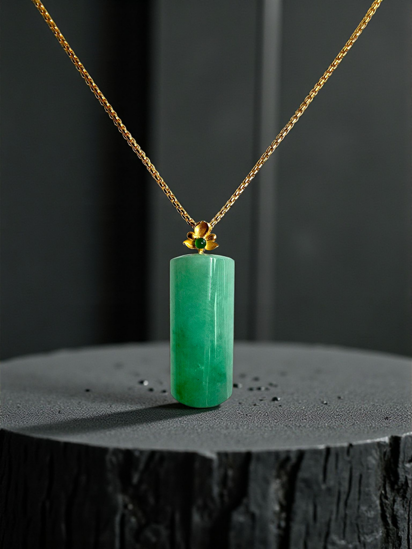 Marugame (MADE IN JAPAN) Crescent Tube Burmese A-Jadeite Charm Pendant (with 18K Solid Yellow Gold) - Certified - V1