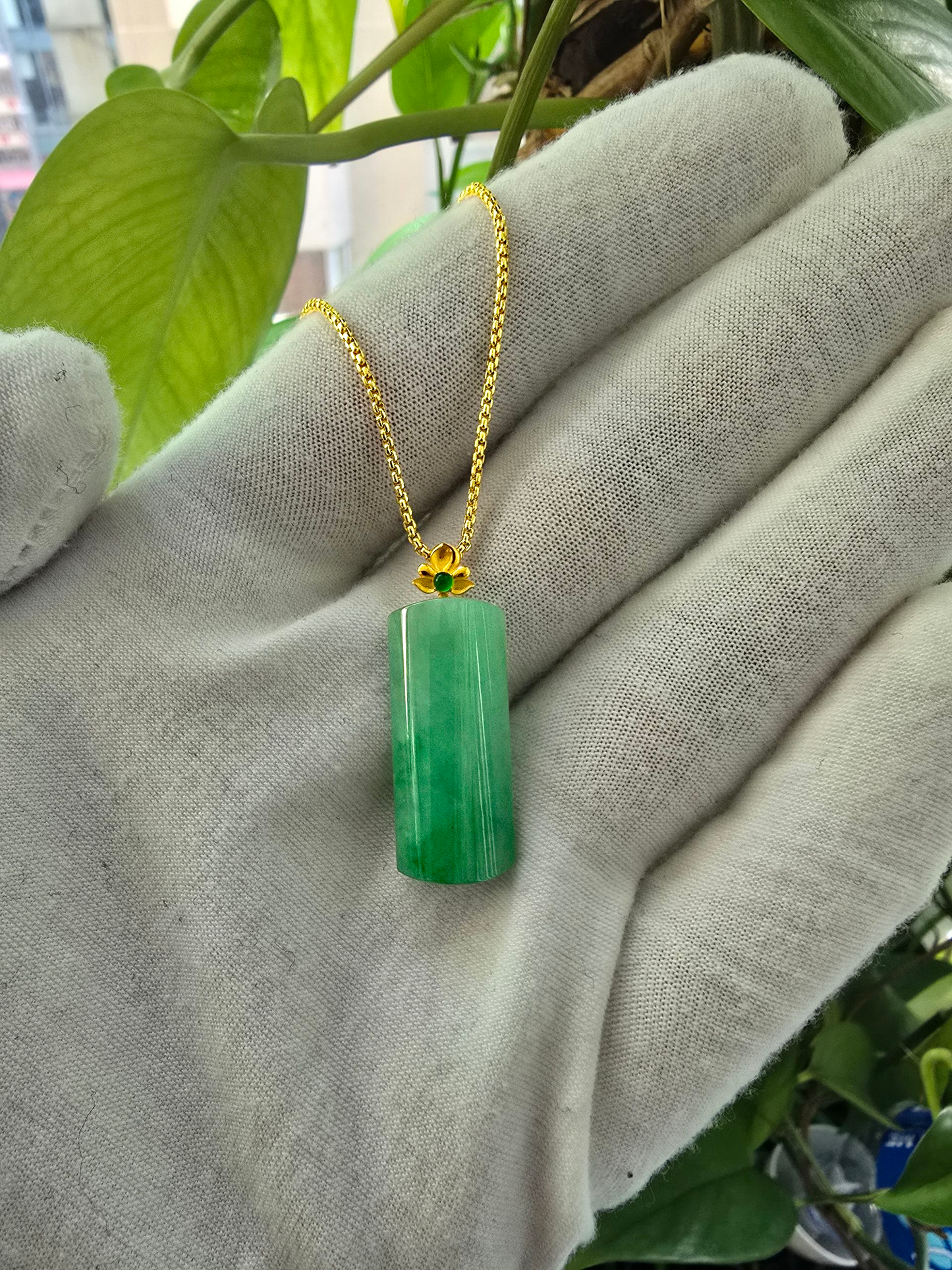 Marugame (MADE IN JAPAN) Crescent Tube Burmese A-Jadeite Charm Pendant (with 18K Solid Yellow Gold) - Certified - V1