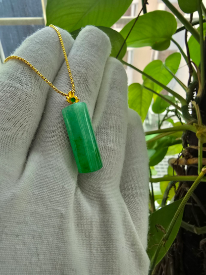 Marugame (MADE IN JAPAN) Crescent Tube Burmese A-Jadeite Charm Pendant (with 18K Solid Yellow Gold) - Certified - V1