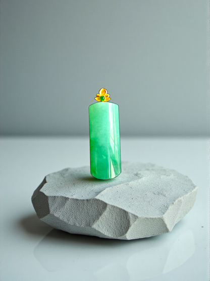 Marugame (MADE IN JAPAN) Crescent Tube Burmese A-Jadeite Charm Pendant (with 18K Solid Yellow Gold) - Certified - V1