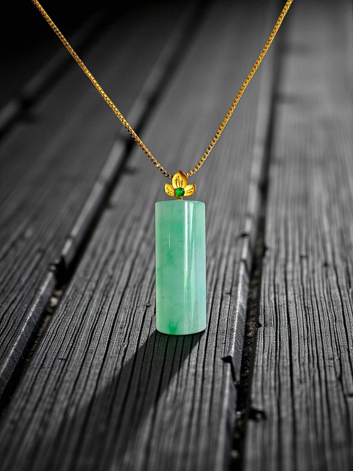 Marugame (MADE IN JAPAN) Crescent Tube Burmese A-Jadeite Charm Pendant (with 18K Solid Yellow Gold) - Certified - V2