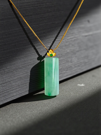 Marugame (MADE IN JAPAN) Crescent Tube Burmese A-Jadeite Charm Pendant (with 18K Solid Yellow Gold) - Certified - V2