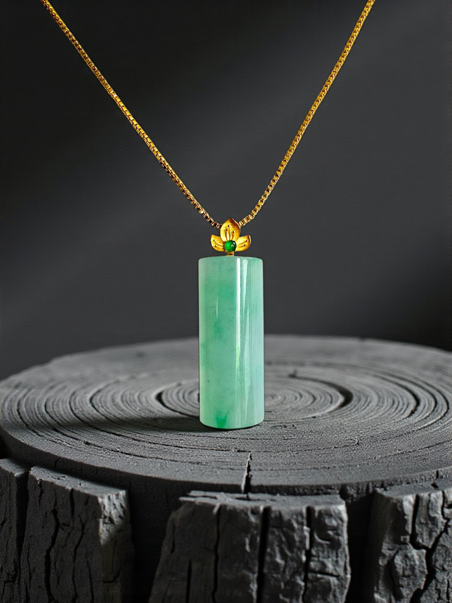 Marugame (MADE IN JAPAN) Crescent Tube Burmese A-Jadeite Charm Pendant (with 18K Solid Yellow Gold) - Certified - V2