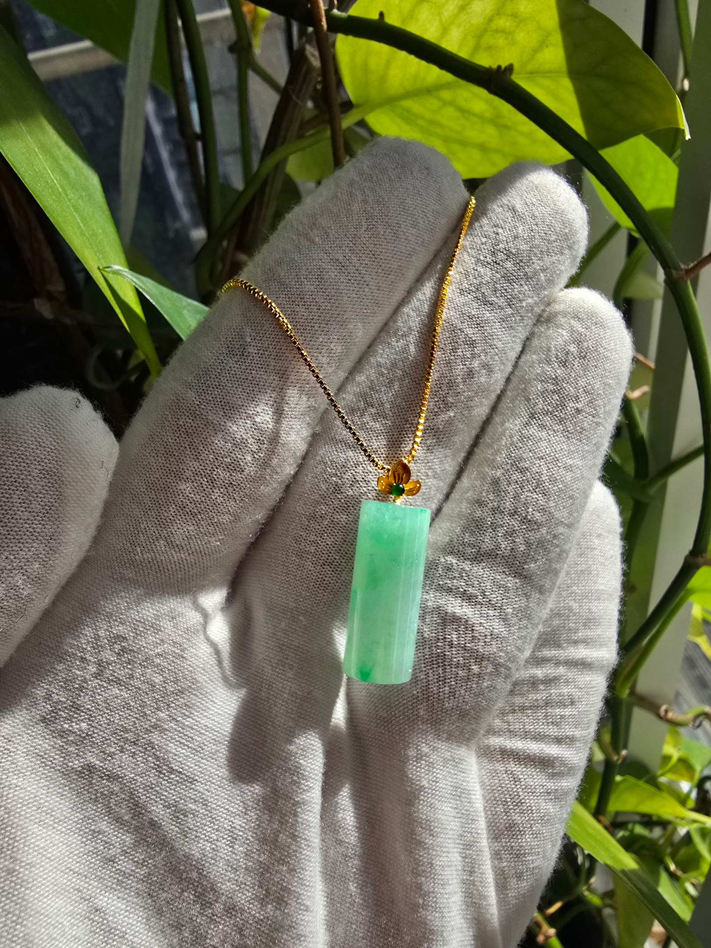 Marugame (MADE IN JAPAN) Crescent Tube Burmese A-Jadeite Charm Pendant (with 18K Solid Yellow Gold) - Certified - V2