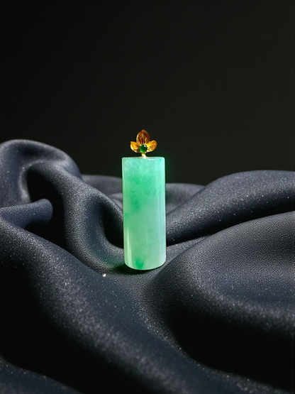 Marugame (MADE IN JAPAN) Crescent Tube Burmese A-Jadeite Charm Pendant (with 18K Solid Yellow Gold) - Certified - V2
