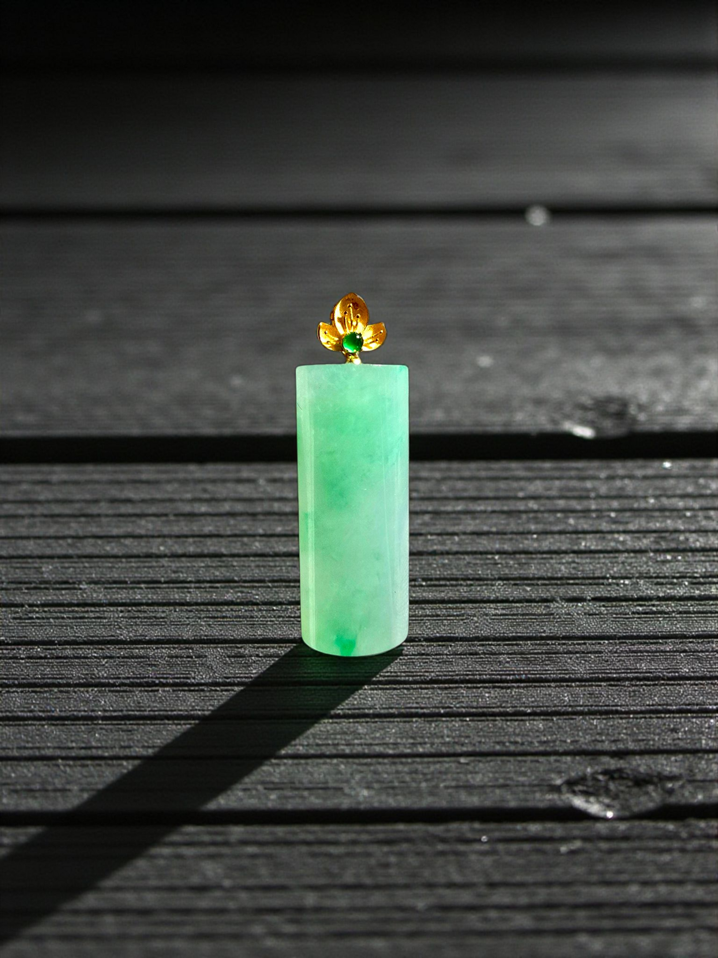 Marugame (MADE IN JAPAN) Crescent Tube Burmese A-Jadeite Charm Pendant (with 18K Solid Yellow Gold) - Certified - V2