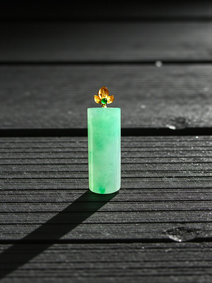 Marugame (MADE IN JAPAN) Crescent Tube Burmese A-Jadeite Charm Pendant (with 18K Solid Yellow Gold) - Certified - V2