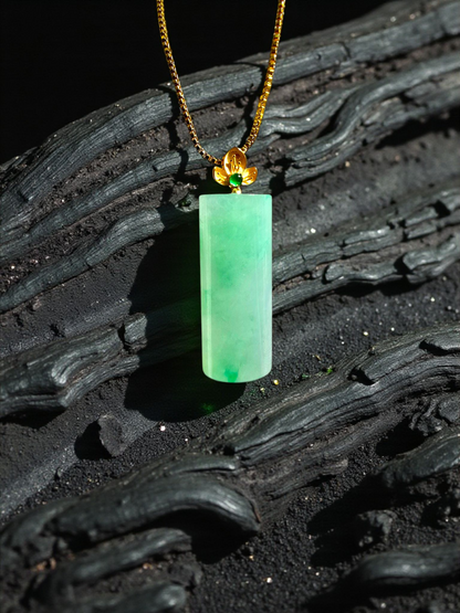 Marugame (MADE IN JAPAN) Crescent Tube Burmese A-Jadeite Charm Pendant (with 18K Solid Yellow Gold) - Certified - V2