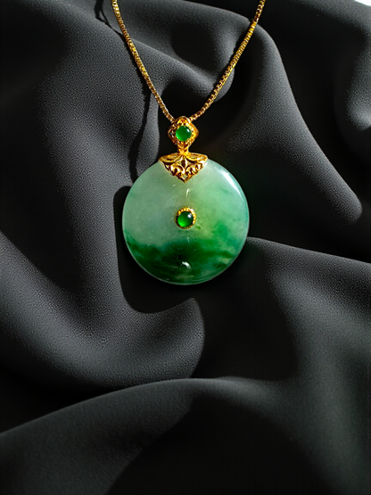 Emperors' Round Burmese A-Jadeite 21.00 mm Donut Pendant (with 18K Yellow Gold) - Certified - V11
