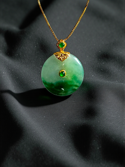 Emperors' Round Burmese A-Jadeite 21.00 mm Donut Pendant (with 18K Yellow Gold) - Certified - V11