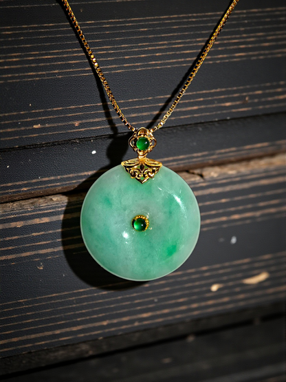Emperors' Round Burmese A-Jadeite 24.00 mm Donut Pendant (with 18K Yellow Gold) - Certified - V12