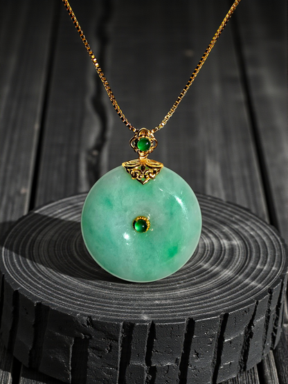 Emperors' Round Burmese A-Jadeite 24.00 mm Donut Pendant (with 18K Yellow Gold) - Certified - V12