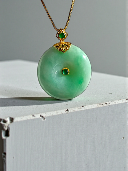 Emperors' Round Burmese A-Jadeite 24.00 mm Donut Pendant (with 18K Yellow Gold) - Certified - V12