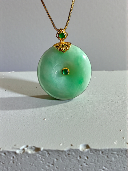 Emperors' Round Burmese A-Jadeite 24.00 mm Donut Pendant (with 18K Yellow Gold) - Certified - V12