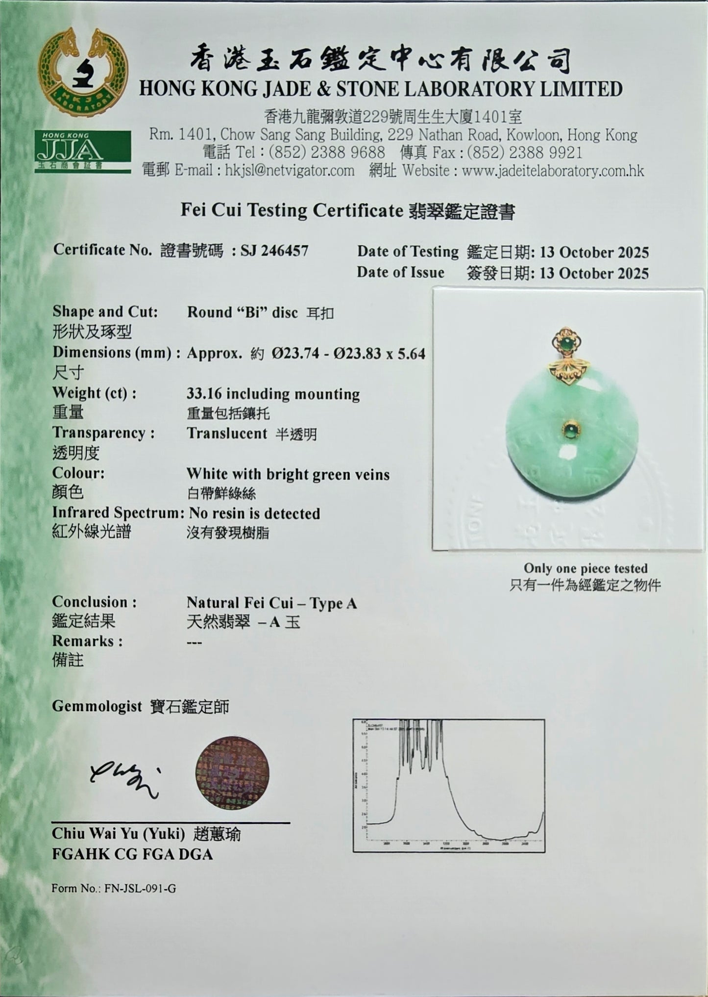 Emperors' Round Burmese A-Jadeite 24.00 mm Donut Pendant (with 18K Yellow Gold) - Certified - V12