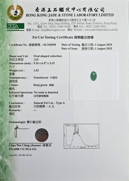 Certified MADE IN JAPAN 1.538 cts. Deep Imperial Green Burmese A-Jadeite Oval Cabochon Loose Stone LS29