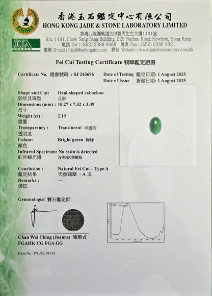 Certified MADE IN JAPAN 2.192 cts. Bright Imperial Green Burmese A-Jadeite Oval Cabochon Loose Stone LS30