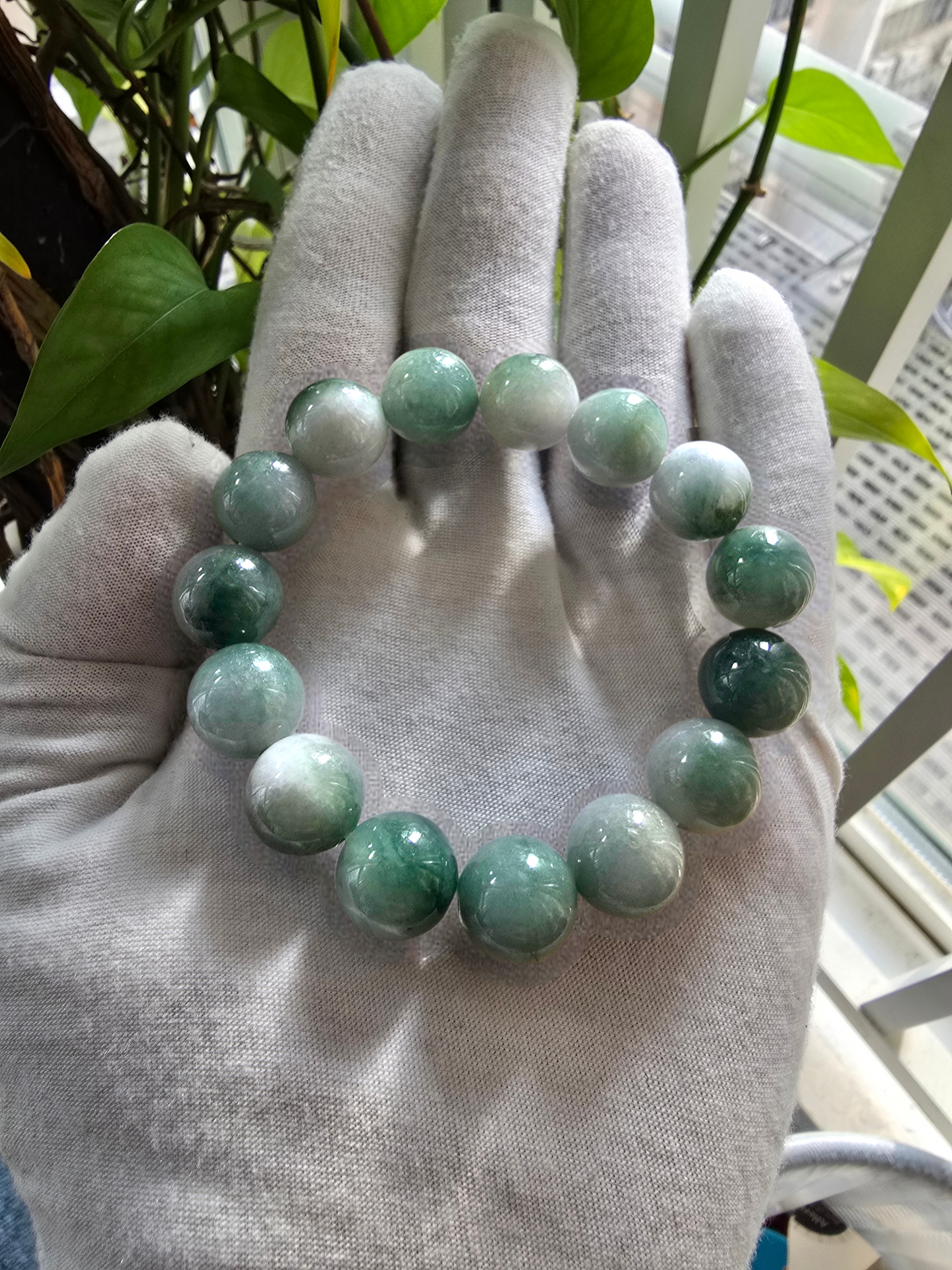 Certified Japanese Green Burmese A-Jade Beaded Bracelet (MADE IN JAPAN) (14 mm Each x 15 beads) 05042