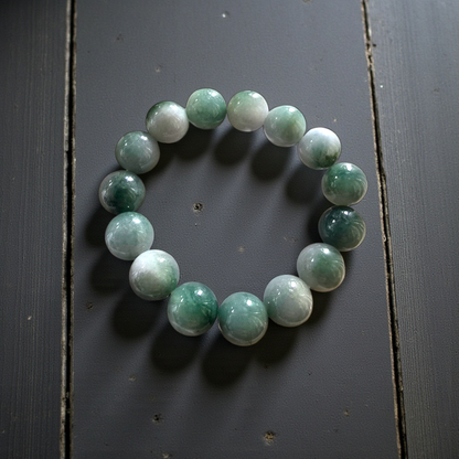 Certified Japanese Green Burmese A-Jade Beaded Bracelet (MADE IN JAPAN) (14 mm Each x 15 beads) 05042