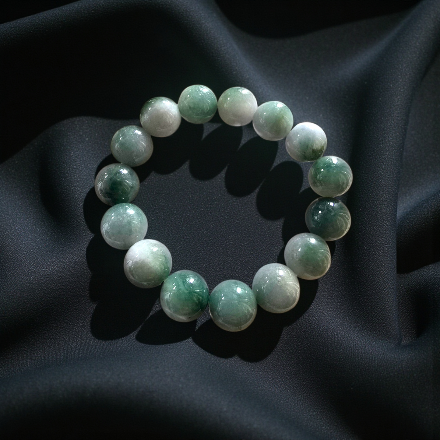 Certified Japanese Green Burmese A-Jade Beaded Bracelet (MADE IN JAPAN) (14 mm Each x 15 beads) 05042